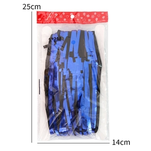 Blue and black metallic fringe curtain in retail packaging for Halloween party decor