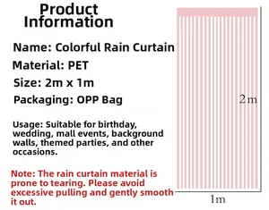 Information graphic of a 2x1m PET tinsel curtain showing packaging and dimensions for parties