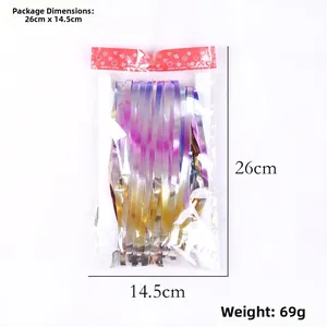 Detail view of colorful gradient foil fringe curtain packaging showing dimensions 26cm x 14.5cm