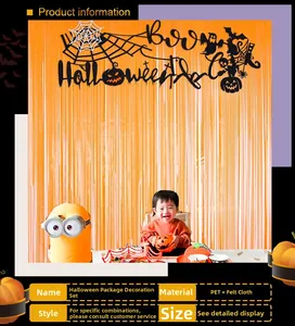 Close-up of orange PET fringe curtain and black felt bat decorations for Halloween parties