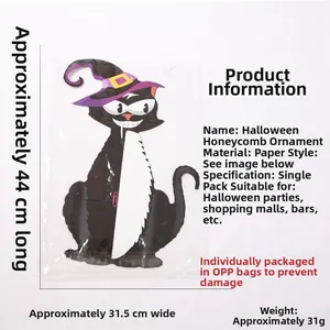 Detail of Halloween black cat honeycomb hanging decoration with wizard hat for party decor