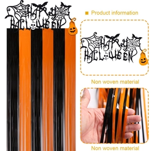 Detail of Halloween rain curtain with orange black fringe and non-woven Happy Halloween banner