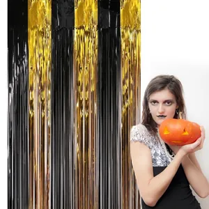 Halloween black and gold metallic tinsel foil fringe curtain for party wall decoration