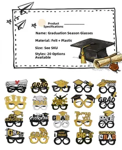 Detail of 20pcs black and gold felt graduation party glasses with glitter accents