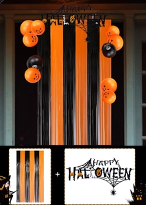 Detail of Halloween black and orange foil fringe curtain set with pumpkin balloons