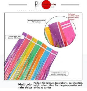 Detail view of multicolored macaron tinsel curtain with laser PET material and adhesive tape