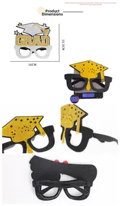 Detailed views of graduation party glasses with glitter mortarboard and GRAD lettering
