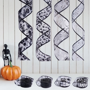Halloween sheer mesh ribbon set with gold foil skulls and spider webs for DIY party decor