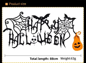 Detail of Happy Halloween banner with 88cm length specifications and spider web elements