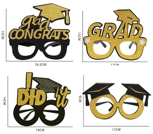 Detailed dimensions of four black and gold glitter felt graduation party eyewear props