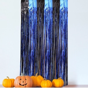 Blue and black metallic foil fringe curtain for Halloween party backdrop decorations