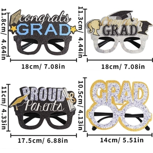 Detailed dimensions of glittery GRAD graduation party glasses in four unique styles