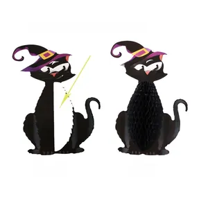 Halloween black cat honeycomb decoration showing before and after unfolding states