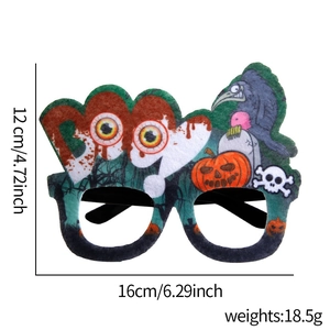 Detailed view of Halloween felt party glasses with Boo text and pumpkin design dimensions