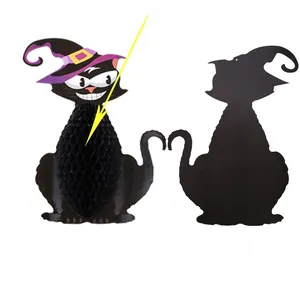 Detail of black cat Halloween hanging decor with purple hat and paper honeycomb body