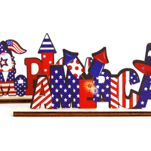 Patriotic wooden USA America sign with gnome and fireworks for Independence Day decoration