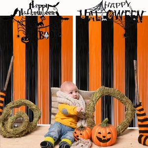 Halloween black and orange fringe curtain set with Happy Halloween party banner
