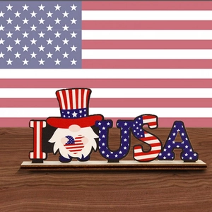 Patriotic wooden I Love USA gnome tabletop sign for July 4th Independence Day party decor
