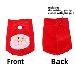 Front and back detail of red velvet Santa Claus gift bag with secure drawstring closure