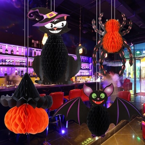 Detail of Halloween honeycomb hanging ornaments with pumpkin, bat, cat, and spider designs