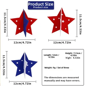 Size chart showing 4.5 inch 3D felt stars for Independence Day decor set dimensions