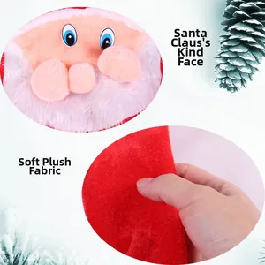Detail of Santa gift bag showing plush face features and soft red velvet fabric texture