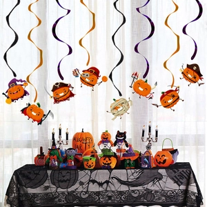 Halloween hanging swirl decorations featuring cartoon pumpkin, vampire, and witch characters