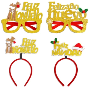 Detail of 4pcs Christmas party kit with glitter Feliz Navidad headbands and glasses