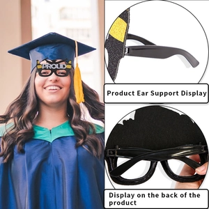 Graduation party eyewear with gold and silver glitter Proud lettering and black frames