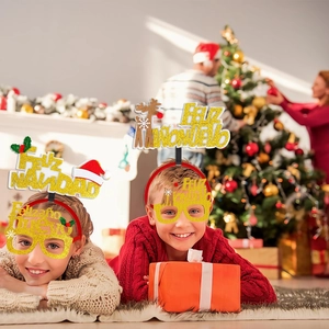 Detail of Feliz Navidad gold glitter headband and glasses set for Christmas party