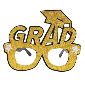 Black and gold graduation party glasses with GRAD letters and mortarboard hat