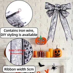 5cm Halloween wired mesh ribbon with silver skull and ghost prints for DIY decor