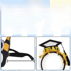Detail view of graduation party glasses with black felt mortarboard and gold GRAD text
