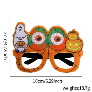 Detailed view of Halloween felt glasses frame featuring pumpkin ghost and size dimensions