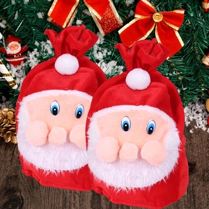 Large Santa Claus red velvet drawstring gift bags with plush beard and cute cartoon face