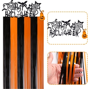 Halloween party fringe curtain backdrop with Happy Halloween banner and bat pumpkin decor