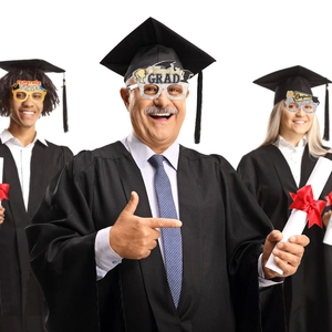 Glitter graduation party glasses with GRAD and Congrats lettering in gold, silver and blue