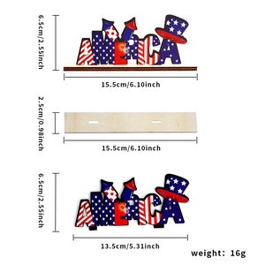 Detail of wooden America tabletop sign with fireworks design and dimensions displayed