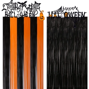 Halloween black and orange foil fringe curtains with Happy Halloween web and bat cutouts