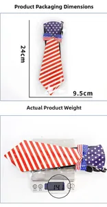 Detailed view of patriotic necktie packaging dimensions and 14.1g weight measurement