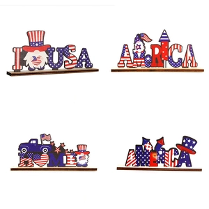 Detailed views of 4th of July wooden signs featuring gnome, patriotic hat and stars