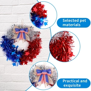Patriotic July 4th tinsel wreath with star patterns and American flag burlap bow decoration