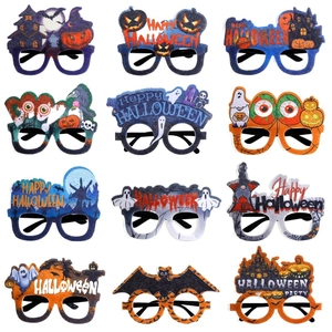Set of 12 Halloween felt party glasses featuring pumpkin ghost and bat designs