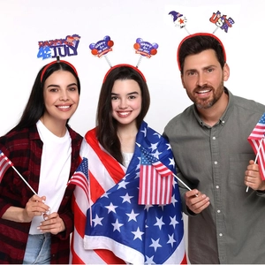 Close-up of three July 4th headbands featuring USA stars and festive flag patterns