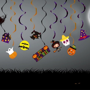 Detail of Halloween spiral ceiling decorations with cartoon pumpkin and witch cardstock