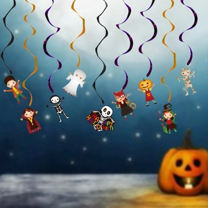 Hanging Halloween swirl decorations with cartoon ghosts, pumpkins, and spooky characters