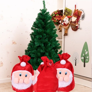 Set of 3 Santa Claus drawstring gift bags with plush white beards for Christmas decor