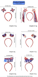 Size chart showing six July 4th headbands with dimensions in cm and inches