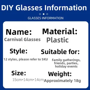 Detailed specifications for Brazilian Carnival party glasses with 12 colorful styles