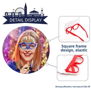 Detail of red Carnival glasses featuring colorful feather prints and a flexible square frame